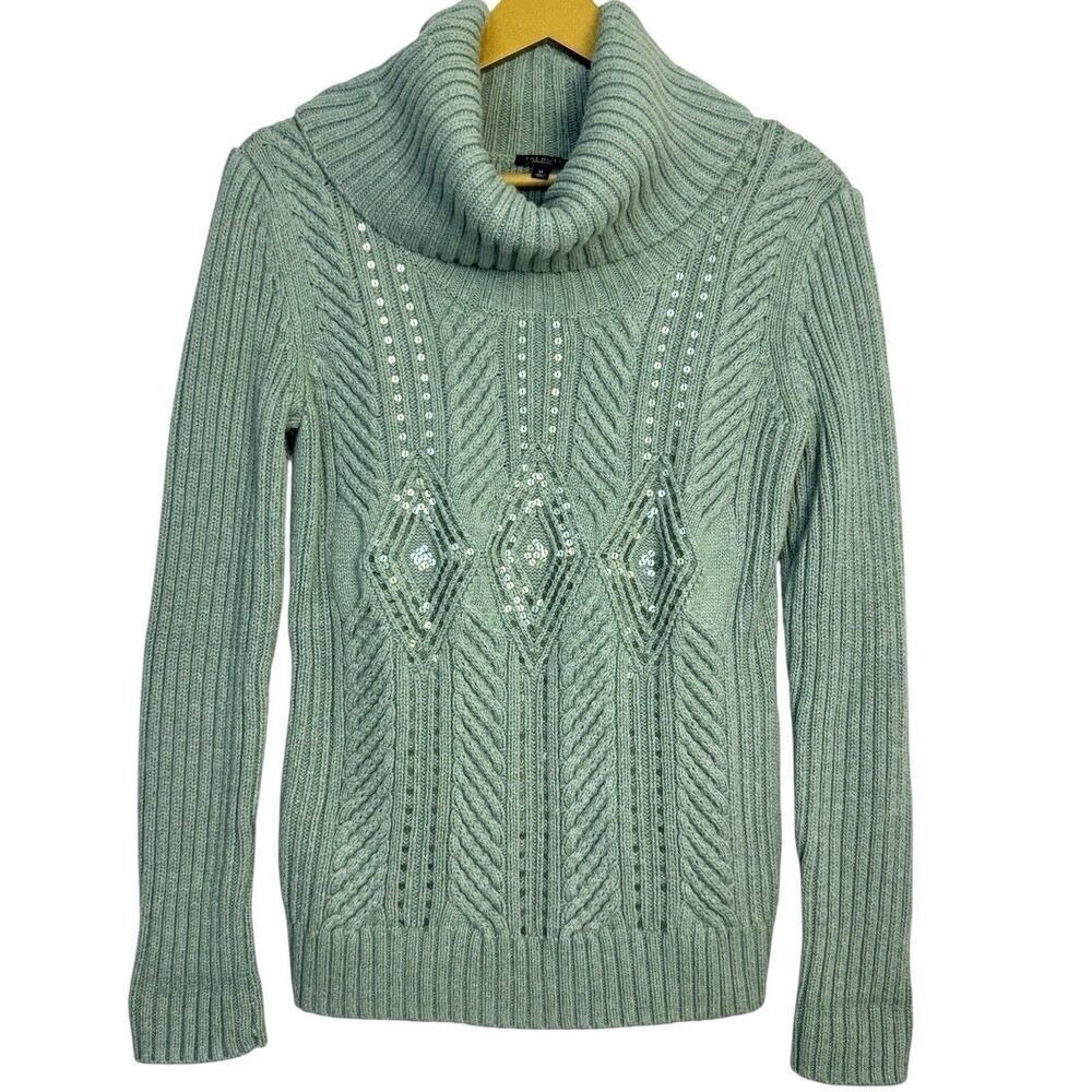 Talbots Cable Knit Chunky Turtleneck Sweater M Sequins Preppy Fisherman Fairy